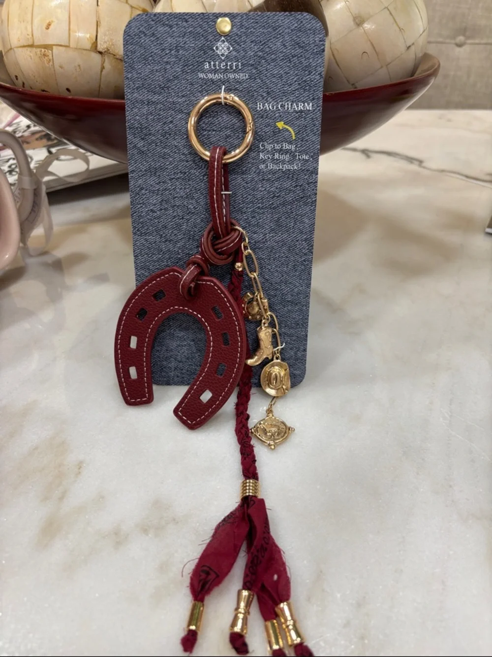 Atterri Burgundy Horseshoe Key & Bag Charm with Gold Accents